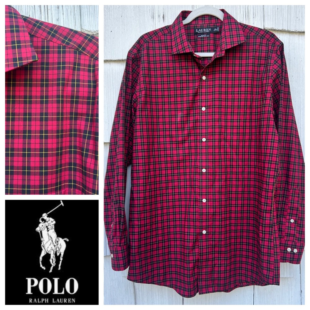Lauren Ralph Lauren Black Label Mens Dress Shirt Slim Fit Stretch Non Iron Plaid